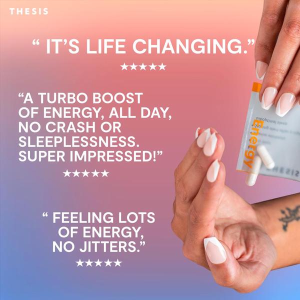 This ad creative utilizes a minimalist, testimonial-driven design to highlight customer satisfaction and product benefits for energy supplements.